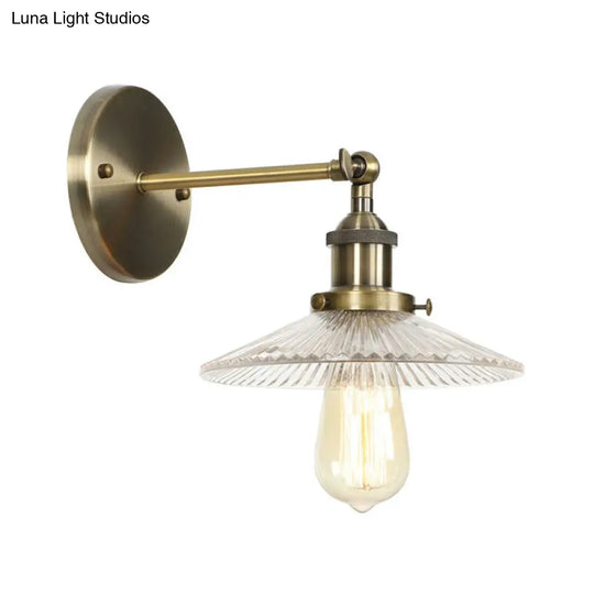 Industrial Clear Glass Wall Light With Brass Cone/Bell Swivel Shade - Single Dining Room Mount