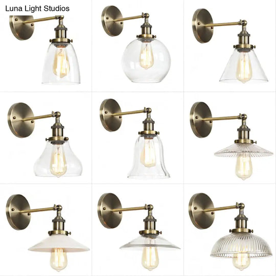 Industrial Clear Glass Wall Light With Brass Cone/Bell Swivel Shade - Single Dining Room Mount