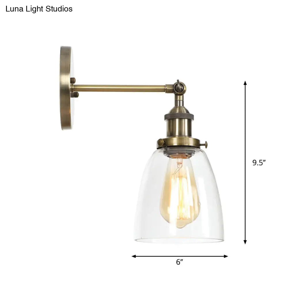 Industrial Clear Glass Wall Light With Brass Cone/Bell Swivel Shade - Single Dining Room Mount