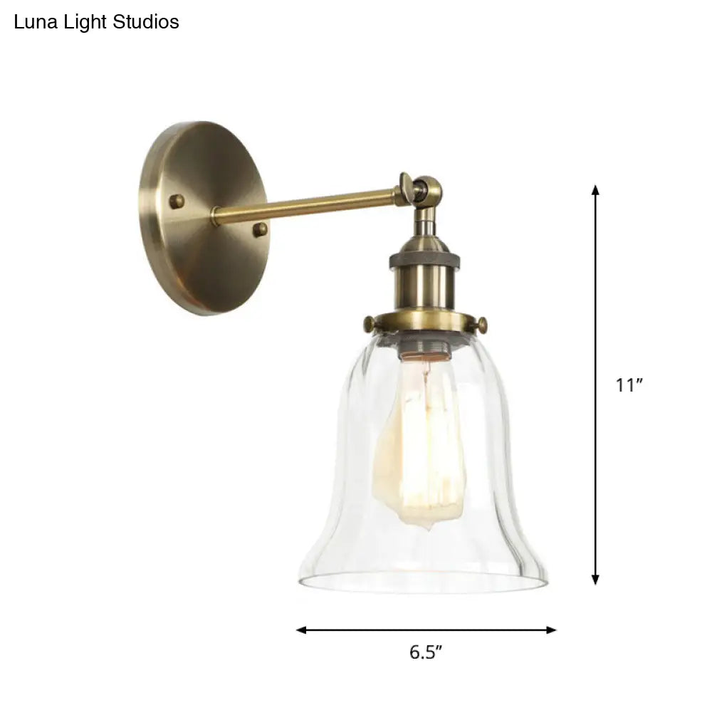 Industrial Clear Glass Wall Light With Brass Cone/Bell Swivel Shade - Single Dining Room Mount