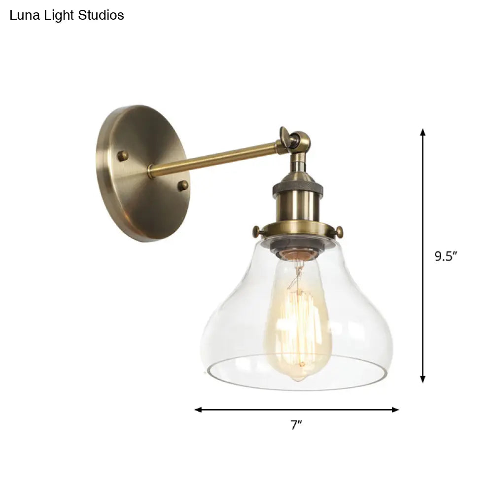 Industrial Clear Glass Wall Light With Brass Cone/Bell Swivel Shade - Single Dining Room Mount