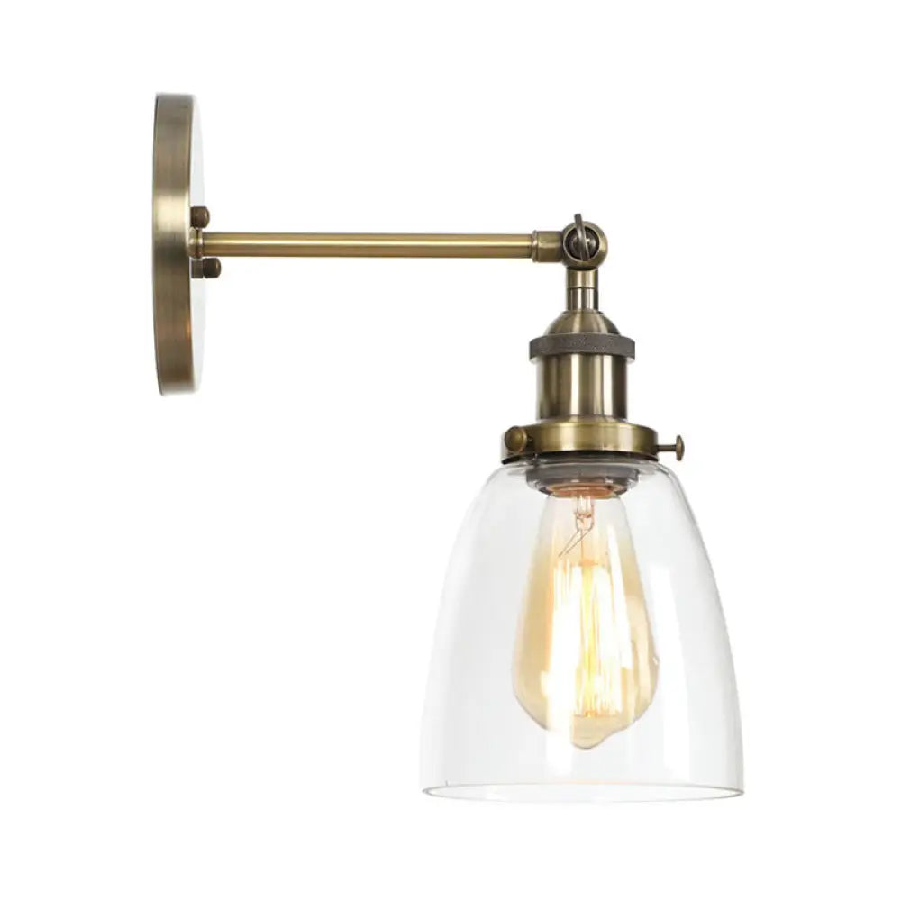 Industrial Clear Glass Wall Light With Brass Cone/Bell Swivel Shade - Single Dining Room Mount