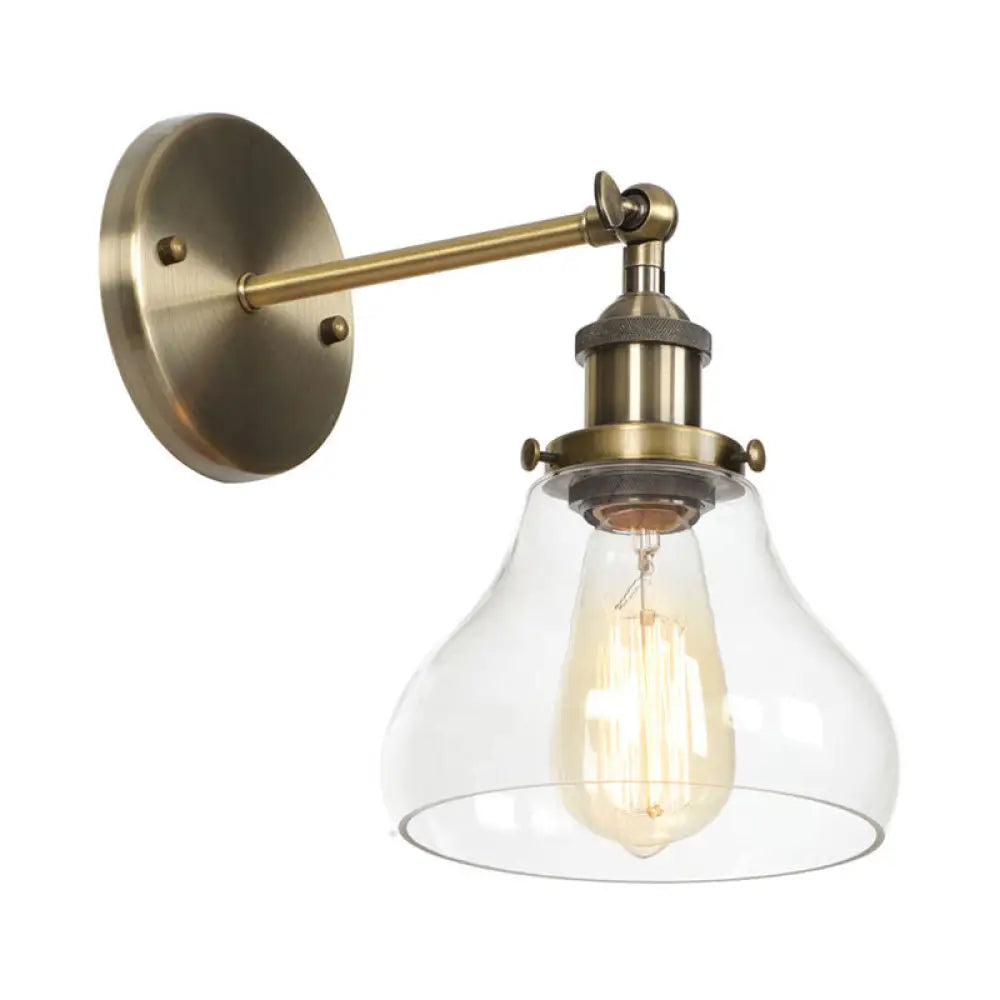 Industrial Clear Glass Wall Light With Brass Cone/Bell Swivel Shade - Single Dining Room Mount