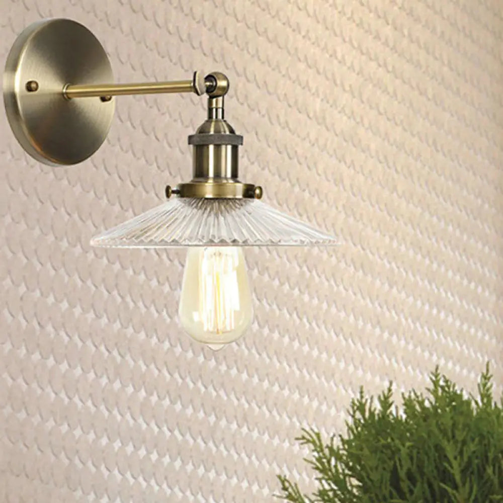 Industrial Clear Glass Wall Light With Brass Cone/Bell Swivel Shade - Single Dining Room Mount