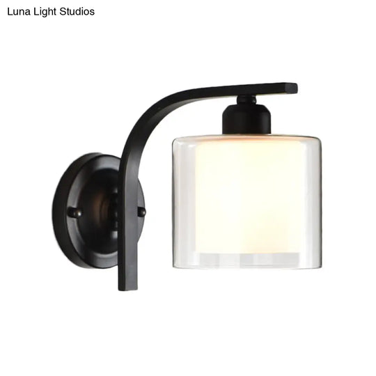 Industrial Clear Glass Wall Mounted Lamp Single Bulb Sconce Light With Curved Arm In Black - Bedroom