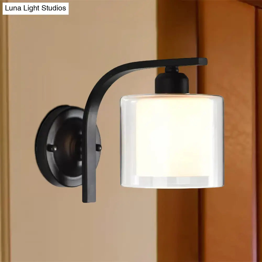 Industrial Clear Glass Wall Mounted Lamp Single Bulb Sconce Light With Curved Arm In Black - Bedroom