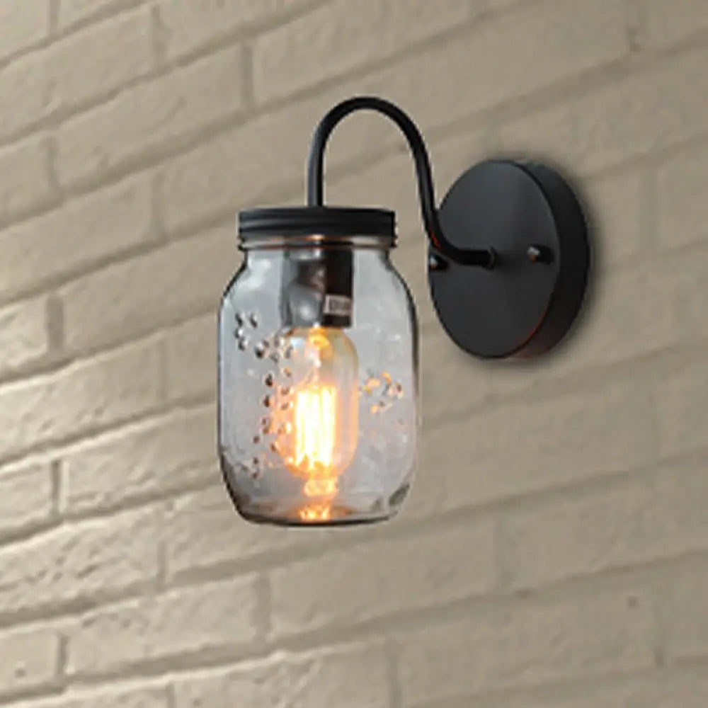 Industrial Clear Glass Wall Sconce With Black Jar Shade: Modern Bedroom Light Fixture Floral Detail