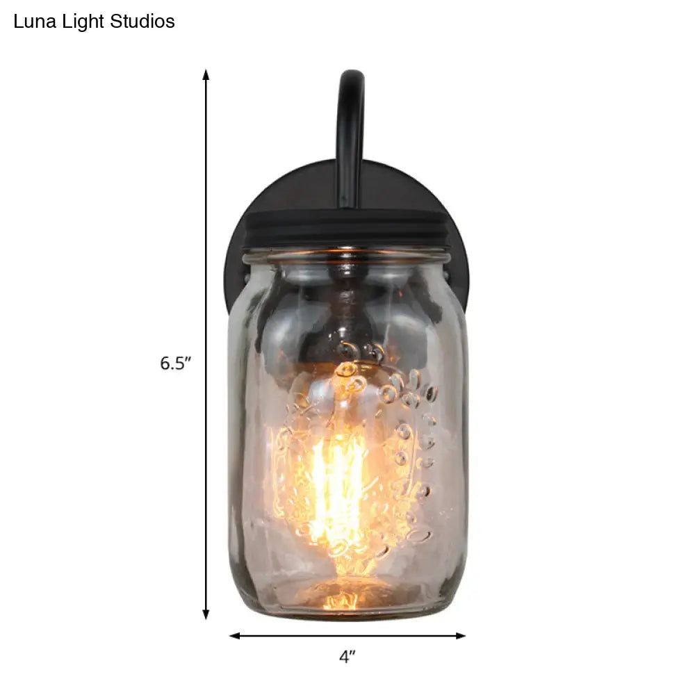 Industrial Clear Glass Wall Sconce With Black Jar Shade: Modern Bedroom Light Fixture Floral Detail