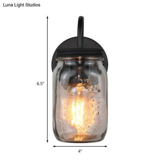 Industrial Clear Glass Wall Sconce With Black Jar Shade: Modern Bedroom Light Fixture Floral Detail