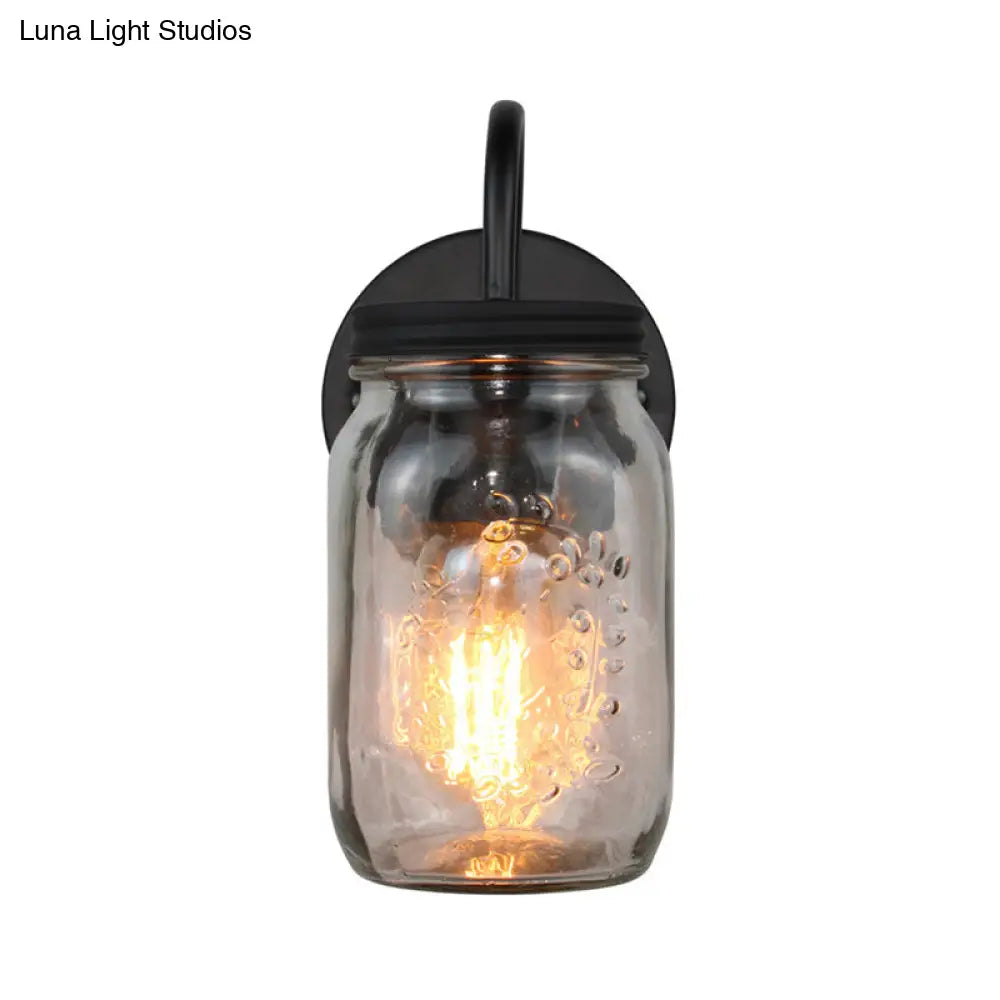 Industrial Clear Glass Wall Sconce With Black Jar Shade: Modern Bedroom Light Fixture Floral Detail