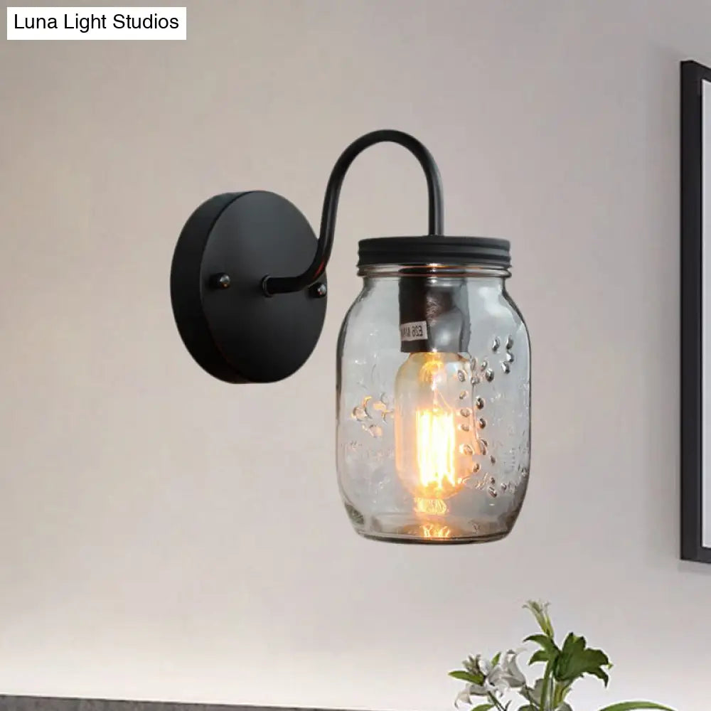 Industrial Clear Glass Wall Sconce With Black Jar Shade: Modern Bedroom Light Fixture Floral Detail