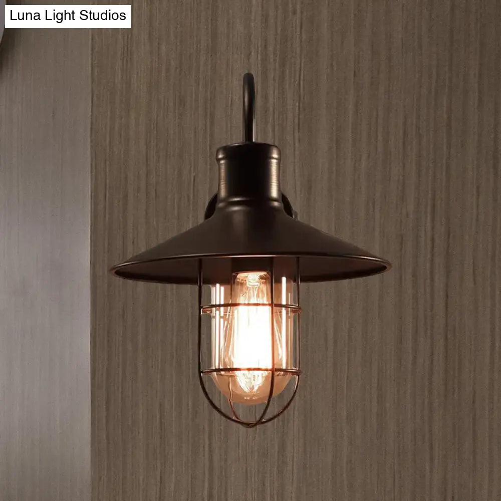 Industrial Clear Glass Wall Sconce With Cage - Cone Shaped Single Bulb Bedroom Lamp