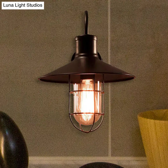 Industrial Clear Glass Wall Sconce With Cage - Cone Shaped Single Bulb Bedroom Lamp