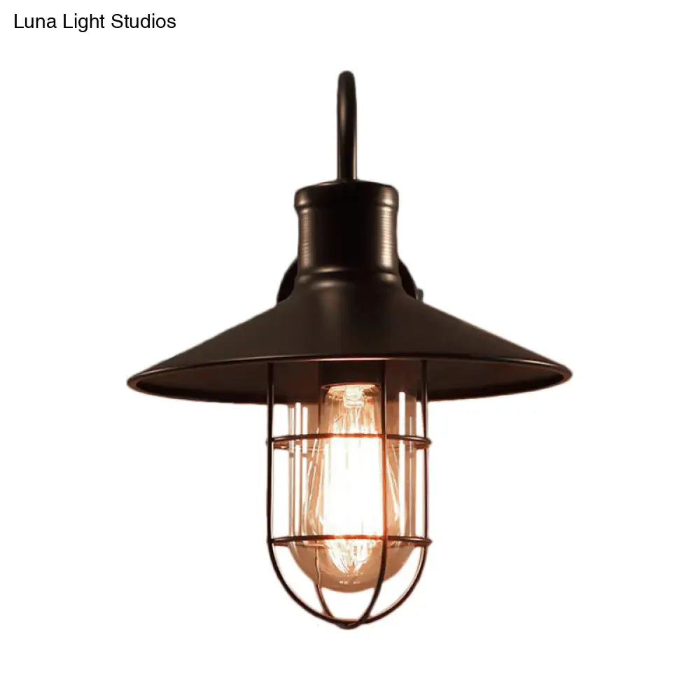 Industrial Clear Glass Wall Sconce With Cage - Cone Shaped Single Bulb Bedroom Lamp