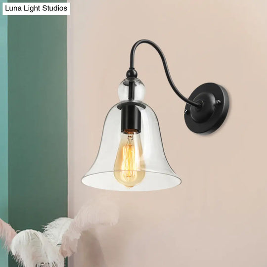 Industrial Clear/Green/Smoked Glass Wall Sconce With Gooseneck Arm - 1-Light Black Bell Bedroom Lamp