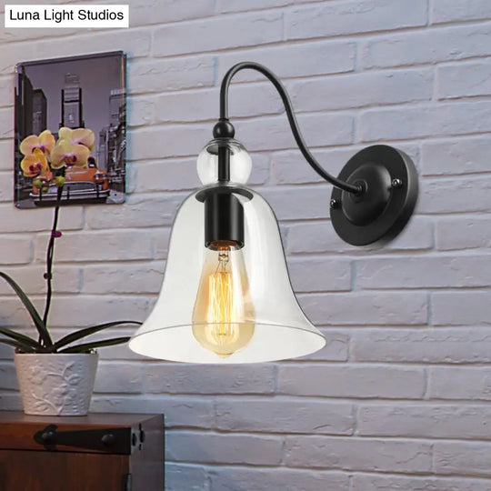 Industrial Clear/Green/Smoked Glass Wall Sconce With Gooseneck Arm - 1-Light Black Bell Bedroom Lamp