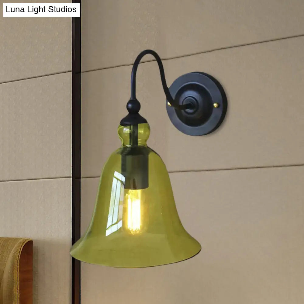 Industrial Clear/Green/Smoked Glass Wall Sconce With Gooseneck Arm - 1-Light Black Bell Bedroom Lamp