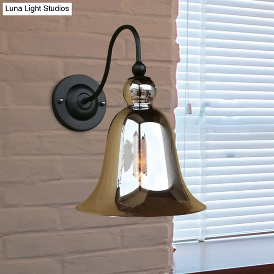 Industrial Clear/Green/Smoked Glass Wall Sconce With Gooseneck Arm - 1-Light Black Bell Bedroom Lamp