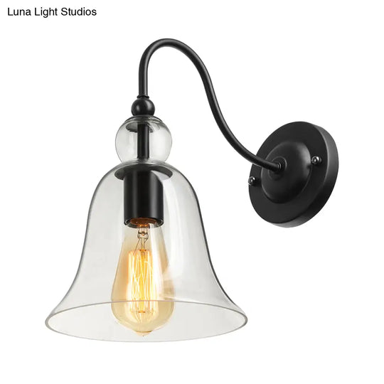 Industrial Clear/Green/Smoked Glass Wall Sconce With Gooseneck Arm - 1-Light Black Bell Bedroom Lamp