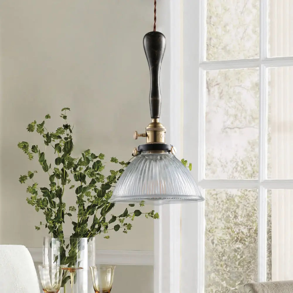 Industrial Clear Prismatic Glass Pendant Light - Bowl Dining Room Lighting Black Hanging Lamp