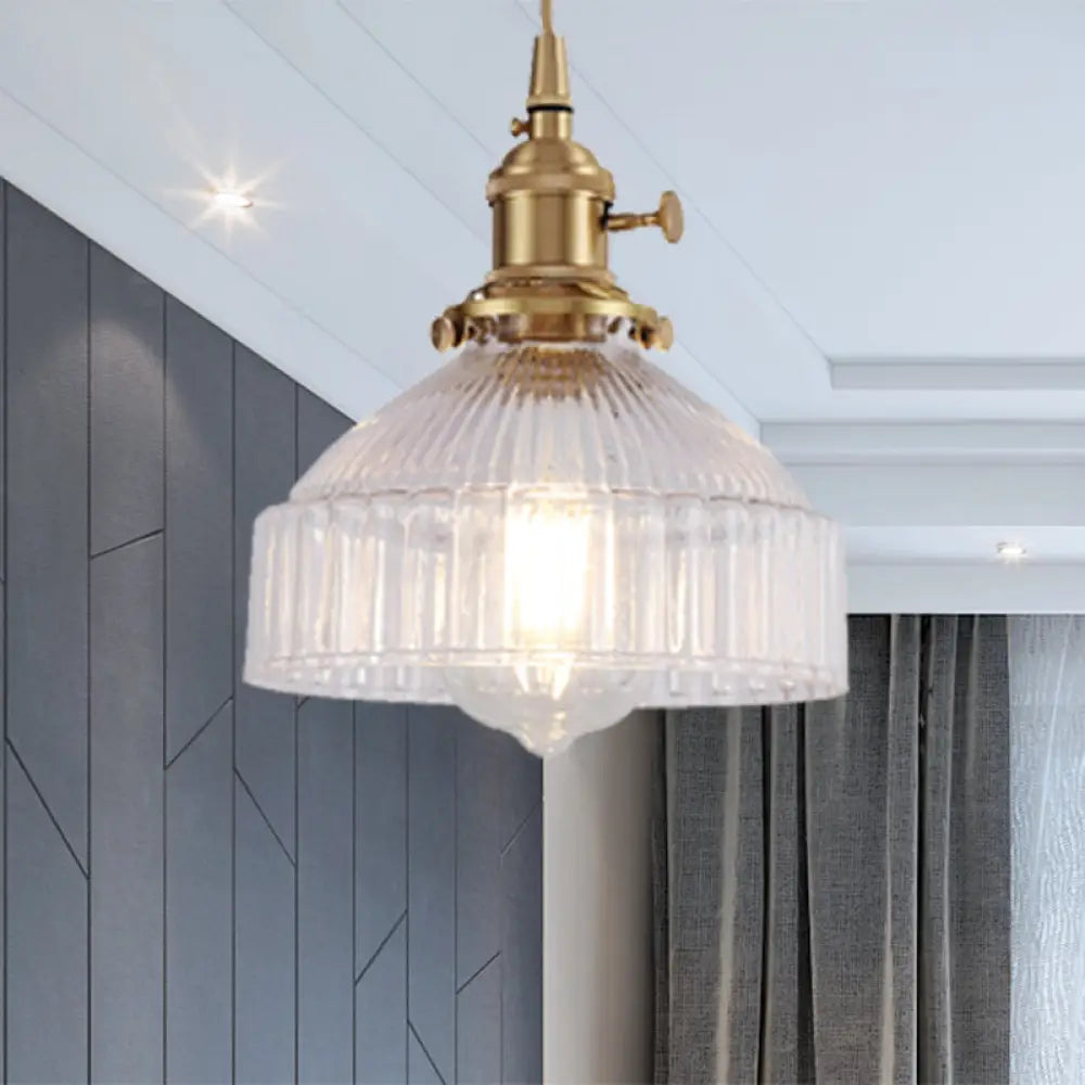 Industrial Clear Ribbed Glass Pendant Light Kit With Brass Fixture - Bowl Living Room Hanging