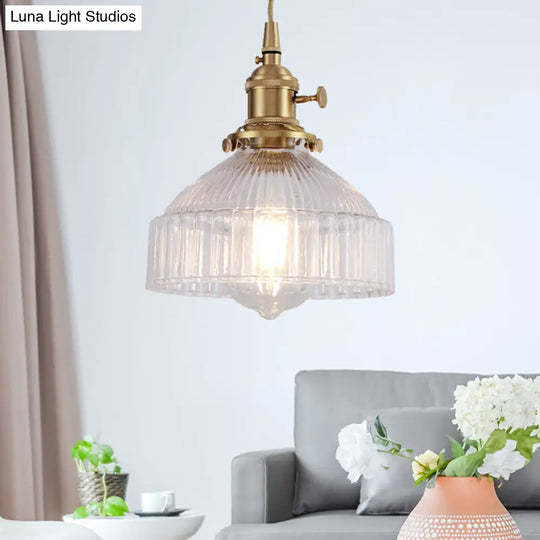 Clear Ribbed Glass Pendant Lighting Kit - Industrial Brass Bowl Design