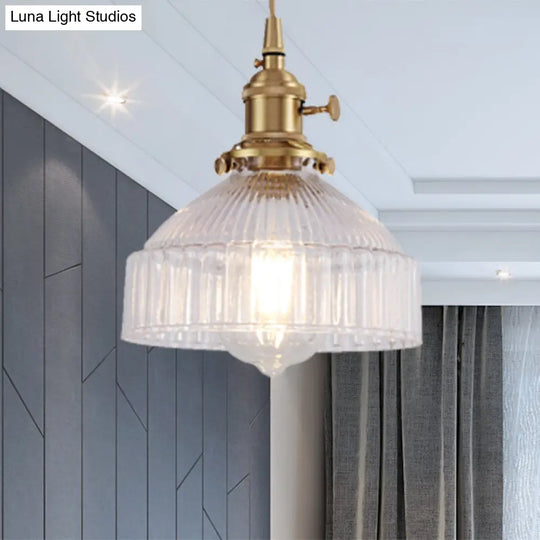 Clear Ribbed Glass Pendant Lighting Kit - Industrial Brass Bowl Design