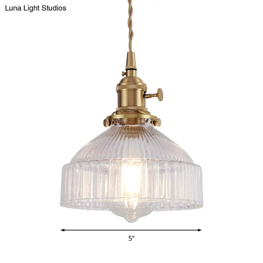 Industrial Clear Ribbed Glass Pendant Light Kit With Brass Fixture - Bowl Living Room Hanging