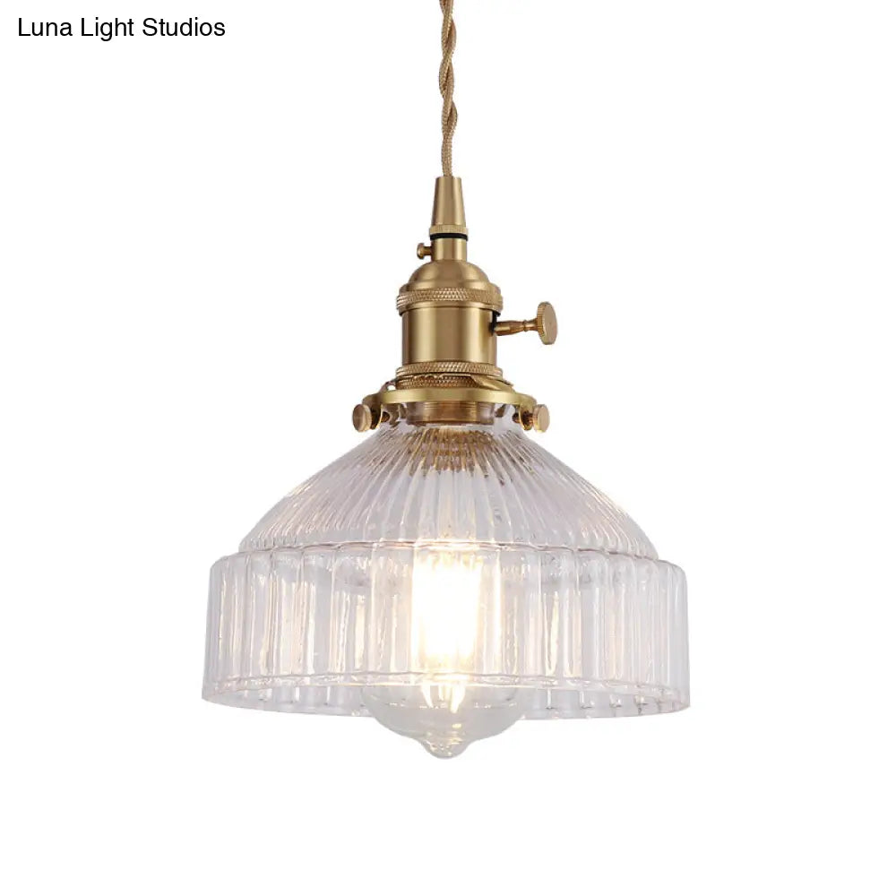 Industrial Clear Ribbed Glass Pendant Light Kit With Brass Fixture - Bowl Living Room Hanging