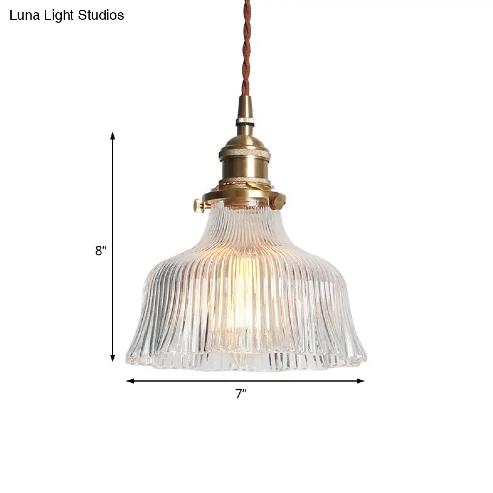 Industrial Clear Textured Glass Barn Hanging Lamp - Brass 1-Light Pendant Lighting For Indoor (6/8)