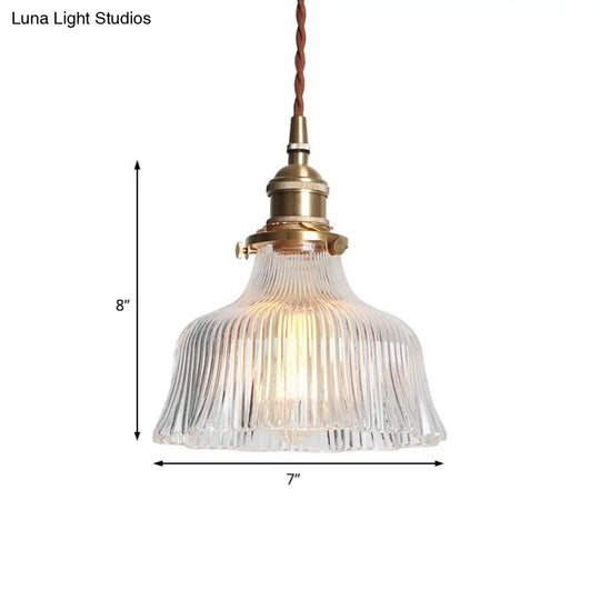 Industrial Clear Textured Glass Barn Hanging Lamp - Brass 1-Light Pendant Lighting For Indoor (6/8)