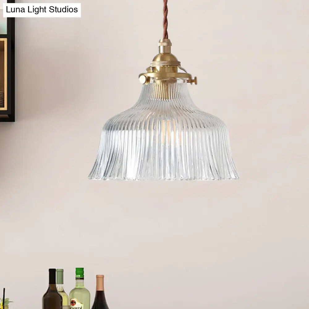 Industrial Clear Textured Glass Barn Hanging Lamp - Brass 1-Light Pendant Lighting For Indoor (6/8)