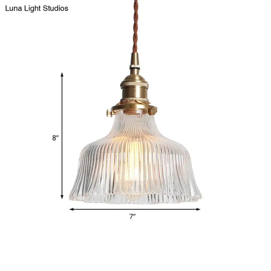 Industrial Clear Textured Glass Pendant Lamp - 1 Light Brass Barn Hanging Indoor 6’/8