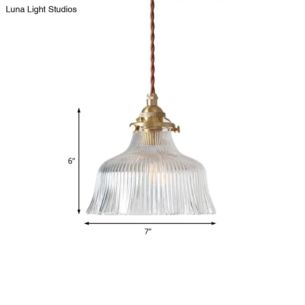 Industrial Clear Textured Glass Pendant Lamp - 1 Light Brass Barn Hanging Indoor 6’/8