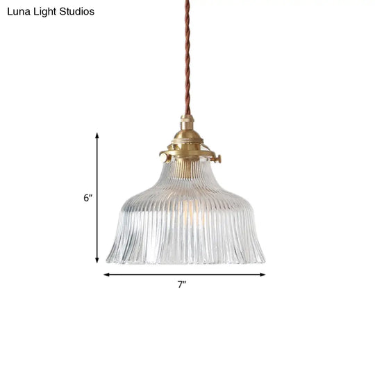 Industrial Clear Textured Glass Pendant Lamp - 1 Light Brass Barn Hanging Indoor 6’/8