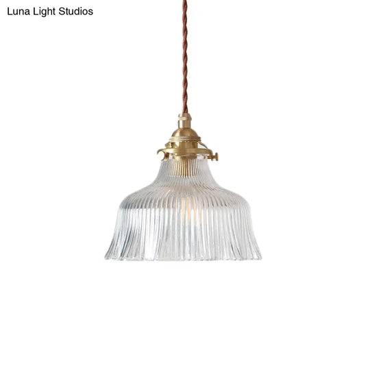 Industrial Clear Textured Glass Pendant Lamp - 1 Light Brass Barn Hanging Indoor 6’/8