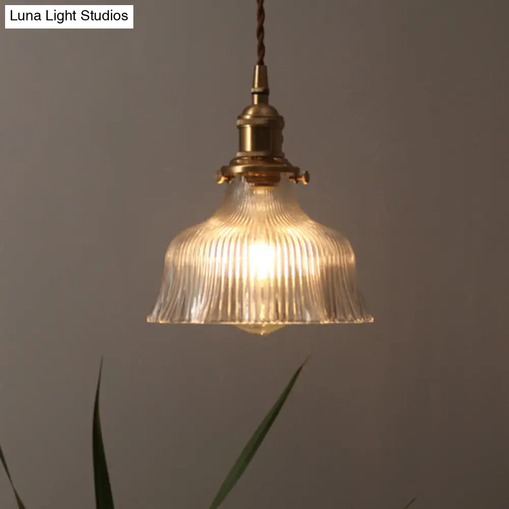 Industrial Clear Textured Glass Barn Hanging Lamp - Brass 1-Light Pendant Lighting For Indoor (6/8)