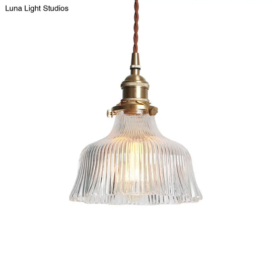 Industrial Clear Textured Glass Barn Hanging Lamp - Brass 1-Light Pendant Lighting For Indoor (6/8)