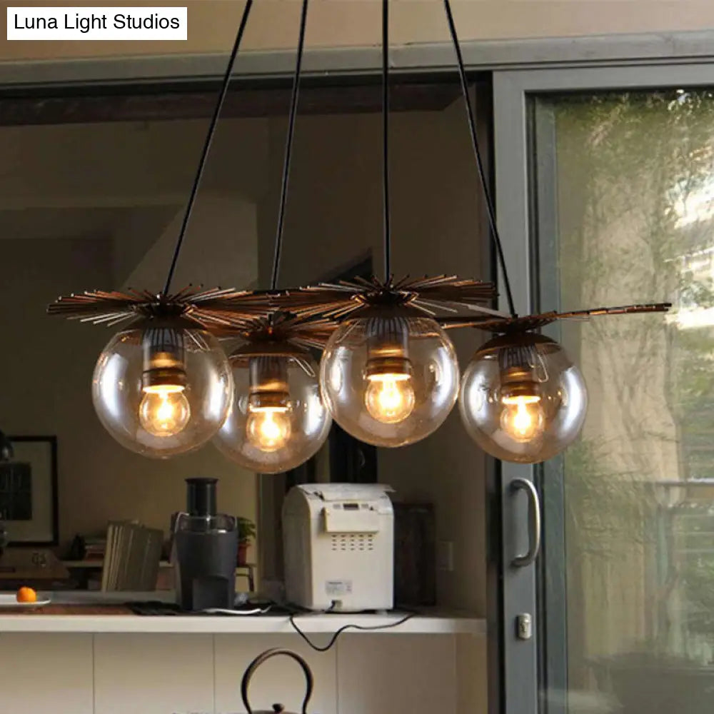 Industrial Coffee House Pendant Light Fixture With Amber Glass Shade - 4 Bulbs Ceiling Chandelier