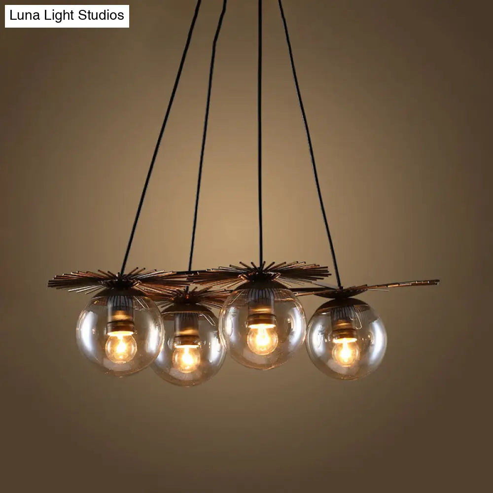 Industrial Coffee House Pendant Light Fixture With Amber Glass Shade - 4 Bulbs Ceiling Chandelier