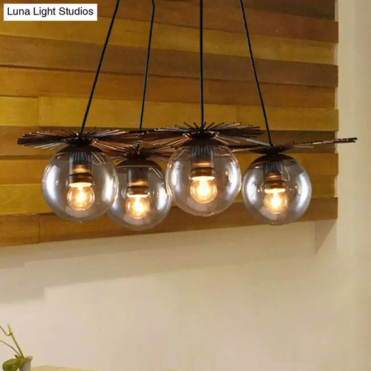 Industrial Coffee House Pendant Light Fixture With Amber Glass Shade - 4 Bulbs Ceiling Chandelier