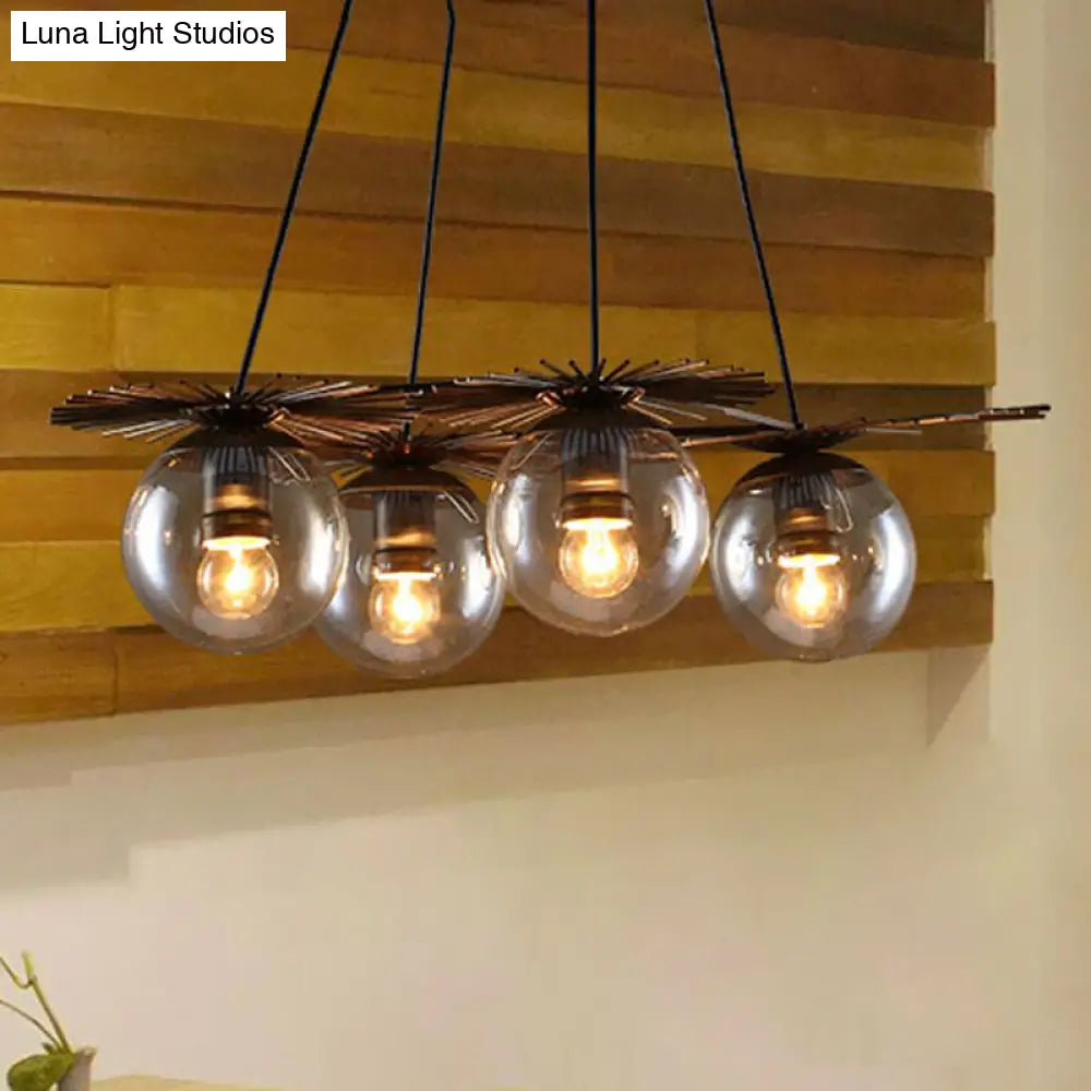 Industrial Coffee House Pendant Light Fixture With Amber Glass Shade - 4 Bulbs Ceiling Chandelier