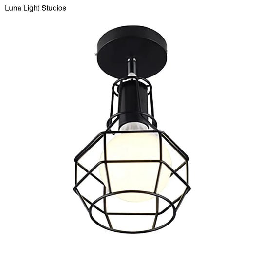 Industrial Coffee Shop Ceiling Light: Metallic Ball Semi Flush Lamp With Cage Shade - Black 1 Light