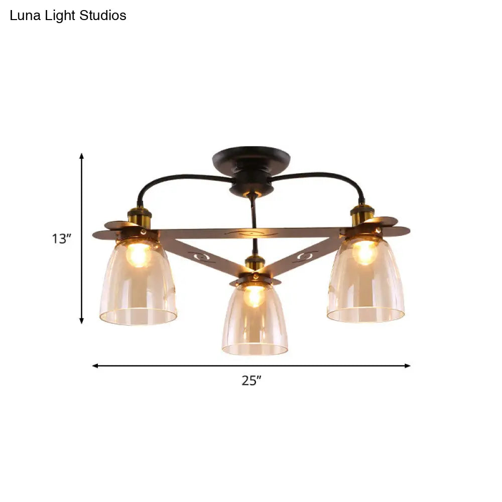 Industrial Semi-Flush Aged Brass Ceiling Lamp With Cognac Glass Bell Shades - 3/5/6 Heads For Living