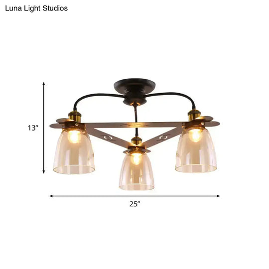 Industrial Cognac Glass Bell Semi Flush Ceiling Lamp (3/5/6 Heads) In Aged Brass - Perfect For