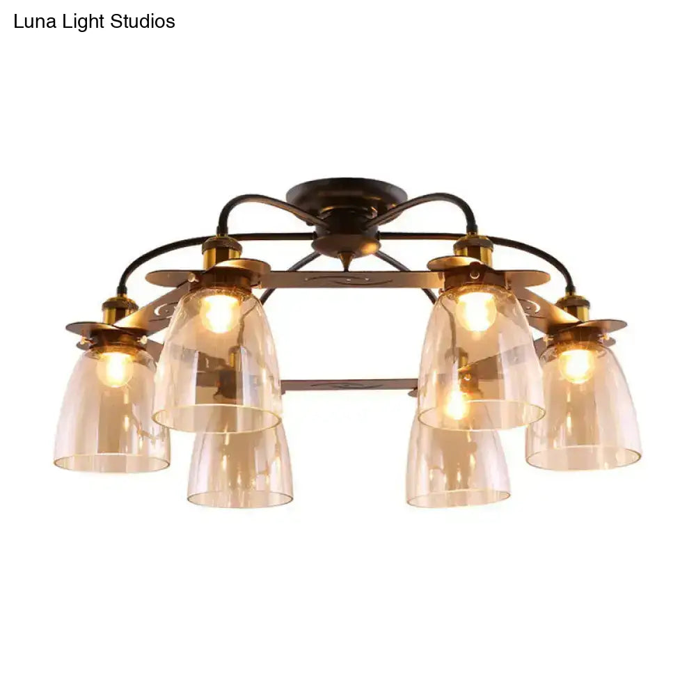 Industrial Cognac Glass Bell Semi Flush Ceiling Lamp (3/5/6 Heads) In Aged Brass - Perfect For