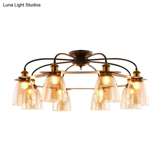 Industrial Cognac Glass Bell Semi Flush Ceiling Lamp (3/5/6 Heads) In Aged Brass - Perfect For