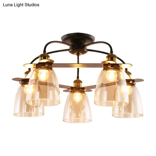 Industrial Cognac Glass Bell Semi Flush Ceiling Lamp (3/5/6 Heads) In Aged Brass - Perfect For