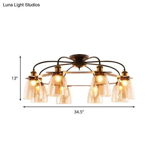 Industrial Cognac Glass Bell Semi Flush Ceiling Lamp (3/5/6 Heads) In Aged Brass - Perfect For