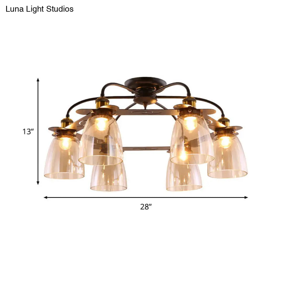 Industrial Semi-Flush Aged Brass Ceiling Lamp With Cognac Glass Bell Shades - 3/5/6 Heads For Living